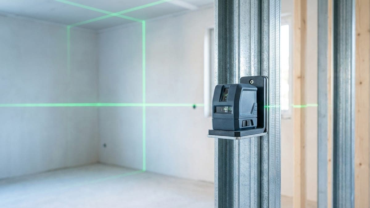 Niveau laser multiligne vert fixé par son support magnétique en L sur un montant d'ossature métallique, projetant une ligne horizontale qui fait le tour de la pièce et deux lignes verticales sur le mur et le plafond