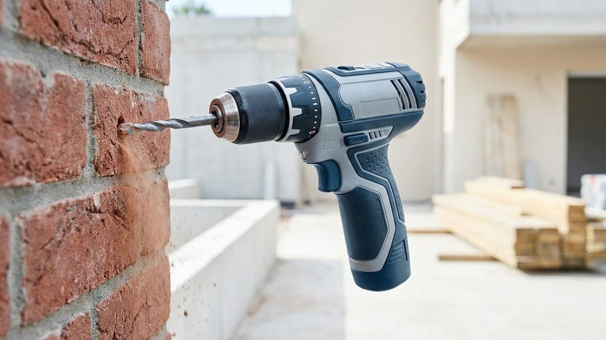 Perceuse-visseuse à percussion sans fil appuyée contre un mur de briques, foret à béton engagé dans un trou en cours de perçage, fine poussière de brique tombant du trou
