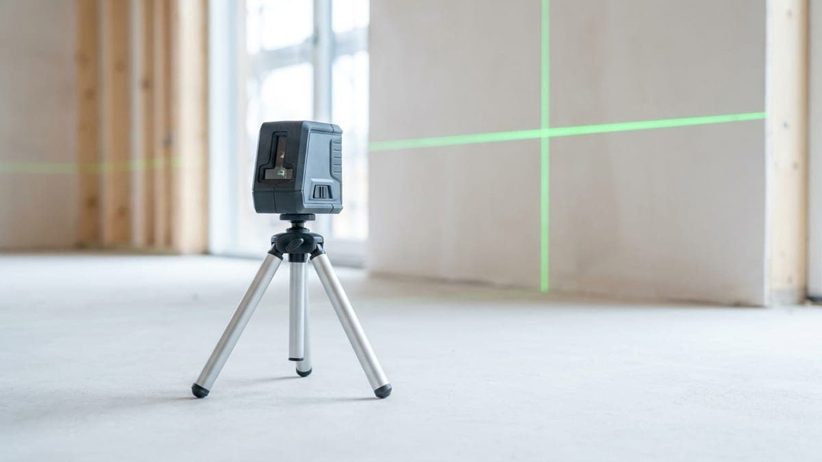 Niveau laser croix compact posé sur un petit trépied aluminium sur la dalle béton d'une pièce en travaux, projetant une ligne verte horizontale et une ligne verte verticale sur un mur de plaque de plâtre