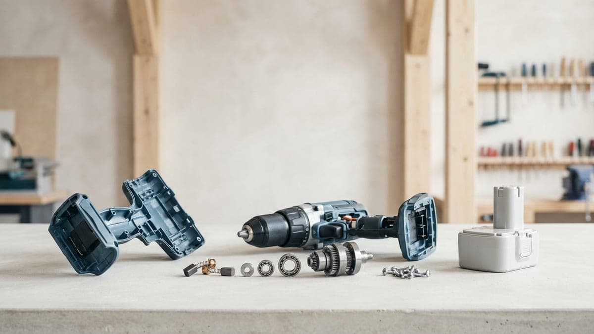 Perceuse-visseuse sans fil ouverte sur un établi, coques du carter posées à part, charbons, roulements, engrenages et vis alignés devant le corps de machine, batterie seule au bout de l'établi
