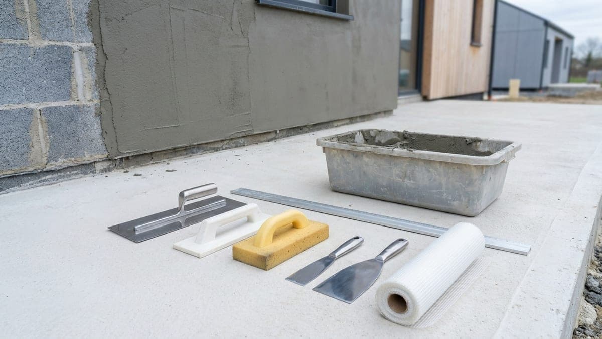 Outils d'enduiseur façadier posés sur une dalle béton devant un mur de parpaings à demi recouvert d'enduit gris frais : platoir inox, taloche plastique, taloche éponge, deux couteaux à enduire, règle aluminium, rouleau de treillis en fibre de verre et bac à mortier