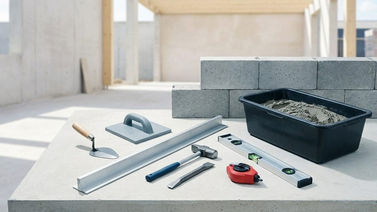 Outils de maçon posés sur une dalle béton devant un mur de parpaings en cours de montage : truelle, taloche, règle aluminium, massette et burin, niveau à bulle, cordeau traceur et bac à mortier