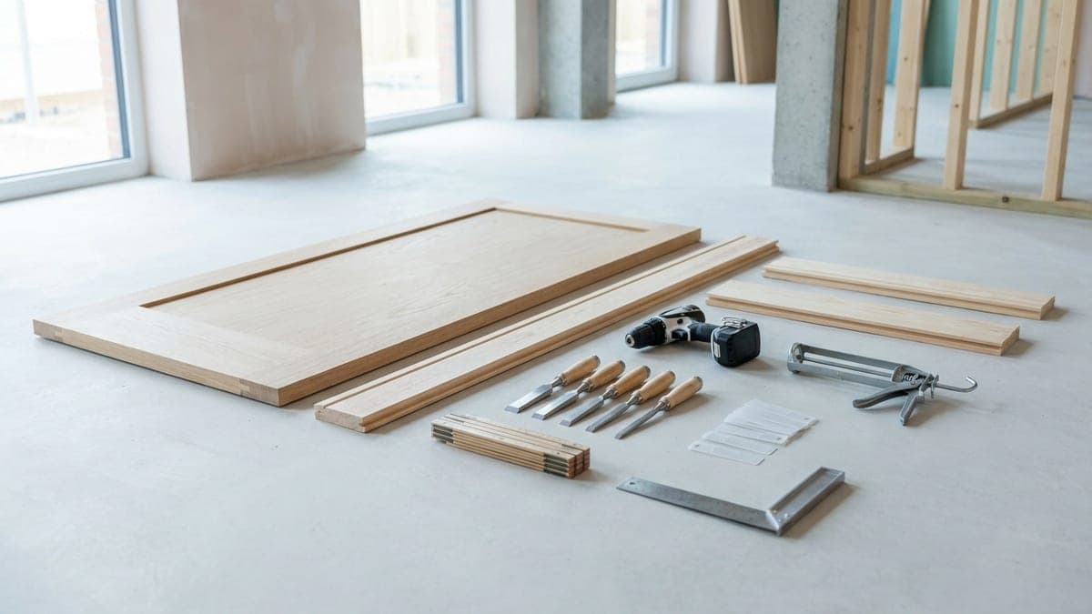 Outils de menuisier poseur alignés au sol devant un panneau de porte en chêne et deux plinthes : perceuse-visseuse, jeu de ciseaux à bois, mètre pliant, cales de pose, équerre et pistolet à mastic