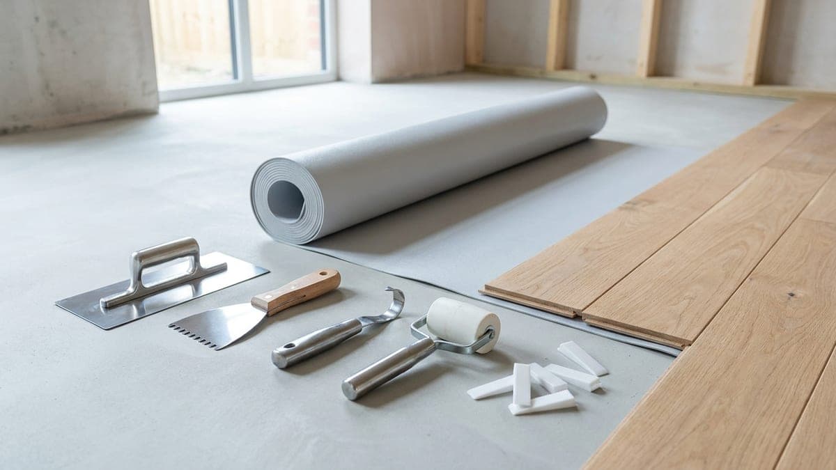 Outils de poseur de sol posés sur une chape ragréée devant un rouleau de PVC et trois lames de parquet : lisseuse de sol, spatule crantée, couteau à lame crochet, roulette maroufleuse et cales de pose