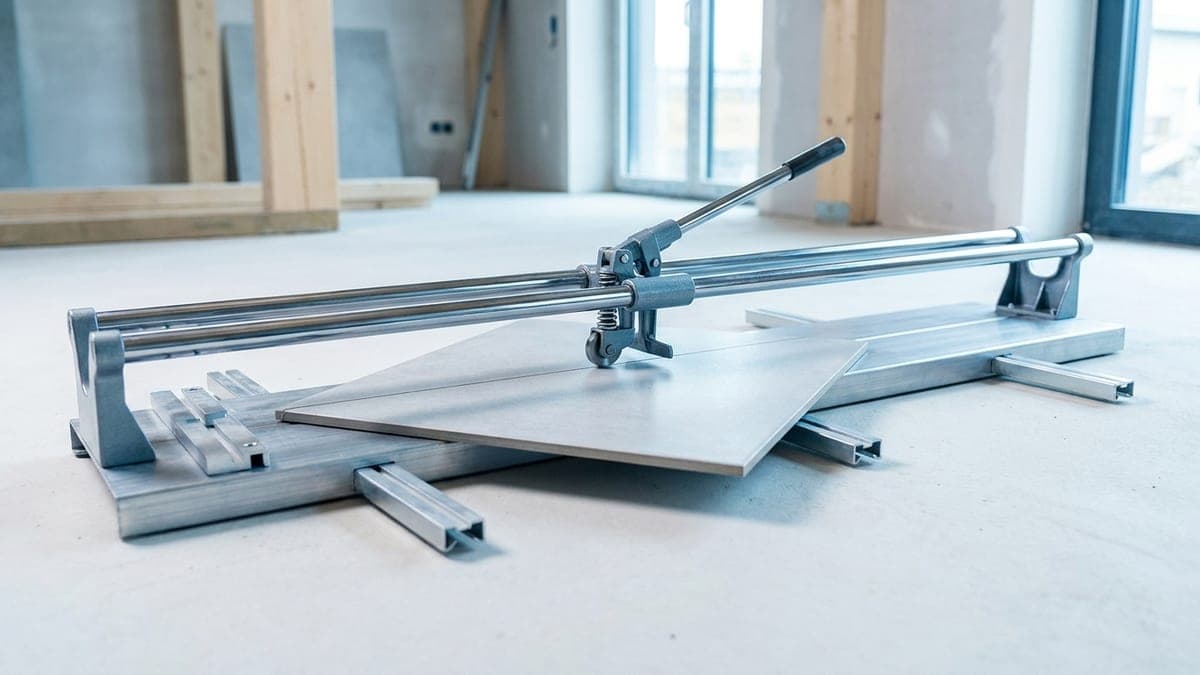 Carrelette manuelle à longue base aluminium et deux guides d'acier chromé, un grand carreau de grès posé de biais sur la base pour une coupe en diagonale