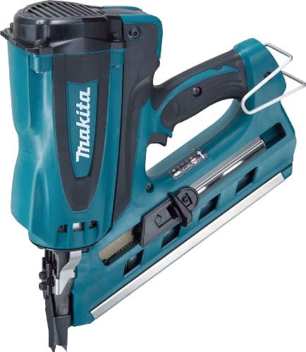 Cloueur de charpente autonome à gaz Makita GN900SE avec batterie 7,2 volts et chargeur incliné à trente-quatre degrés pour clous à tête en D