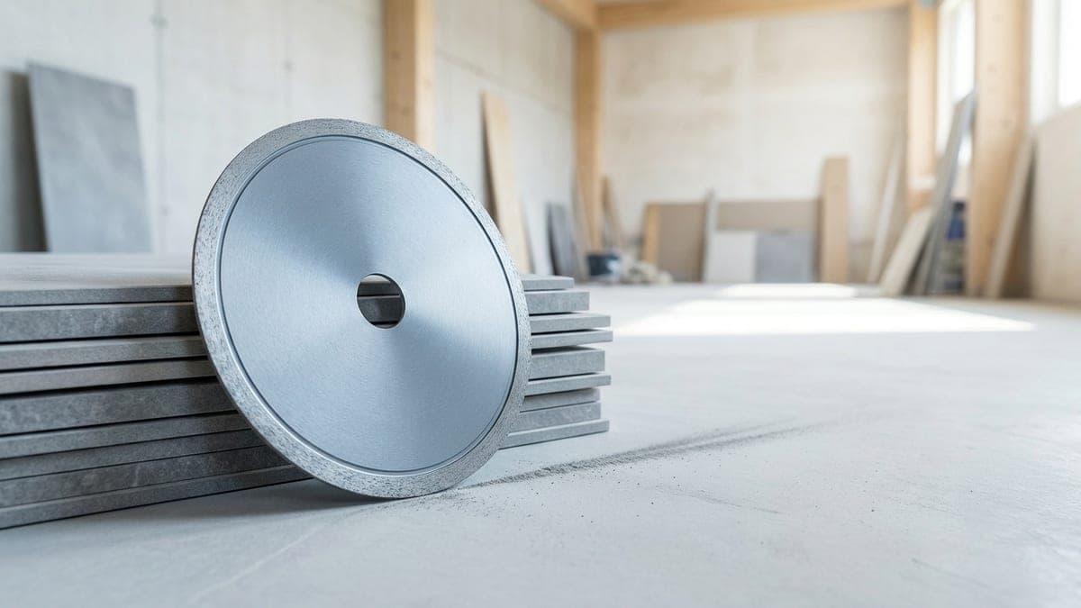 Disque diamant à jante continue posé de trois quarts contre une pile de grands carreaux de grès cérame gris, sur un sol de béton