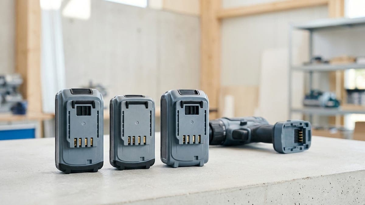 Trois packs de batterie 18 V de tailles différentes alignés debout sur un plan de travail en béton, rails de glissière et contacts tournés vers l'objectif, une machine sans batterie posée derrière