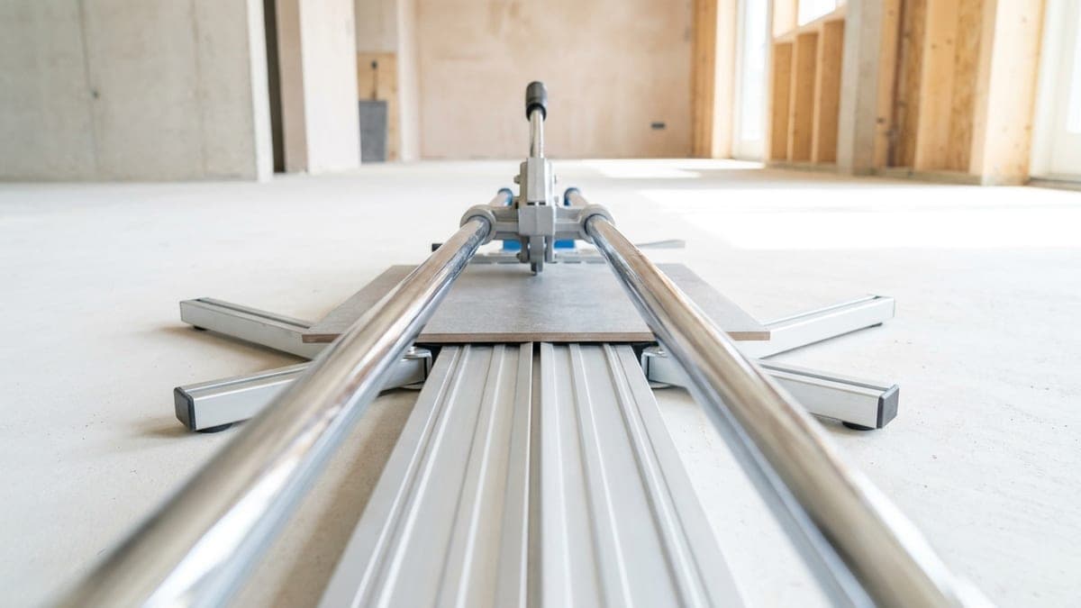 Carrelette manuelle vue depuis le bout de son rail, ses deux guides chromés fuyant vers la machine, un grand carreau de grès cérame gris posé à plat sur la base aluminium