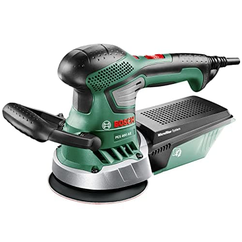 Ponceuse excentrique filaire Bosch PEX 400 AE verte de 370 W avec plateau de 125 mm et boîte à poussière