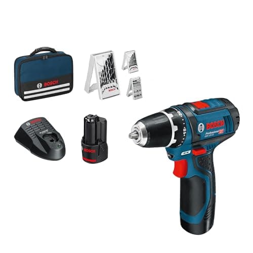 Perceuse-visseuse compacte Bosch Professional GSR 12V-15 bleue à mandrin Auto-Lock de 10 mm, avec deux batteries 12 V de 2,0 Ah, chargeur, sacoche souple et jeu de 39 embouts, mèches et forets