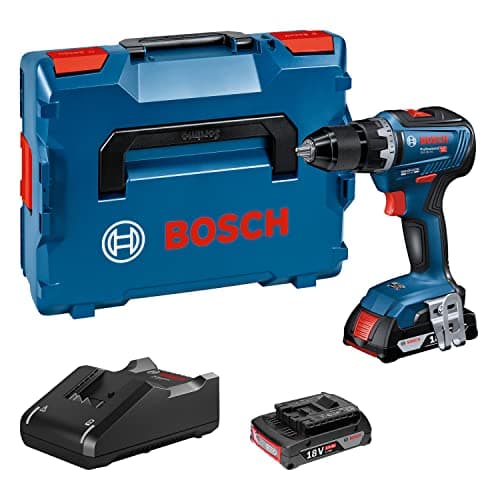 Perceuse-visseuse sans fil Bosch Professional GSR 18V-55 bleue à mandrin métallique de 13 mm, avec deux batteries 18 V de 2,0 Ah, chargeur rapide GAL 18V-40 et coffret L-BOXX 136