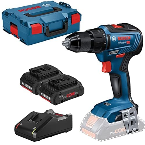 Perceuse-visseuse sans fil Bosch Professional GSR 18V-55 avec deux batteries ProCORE 18 V et son chargeur rapide dans une L-BOXX